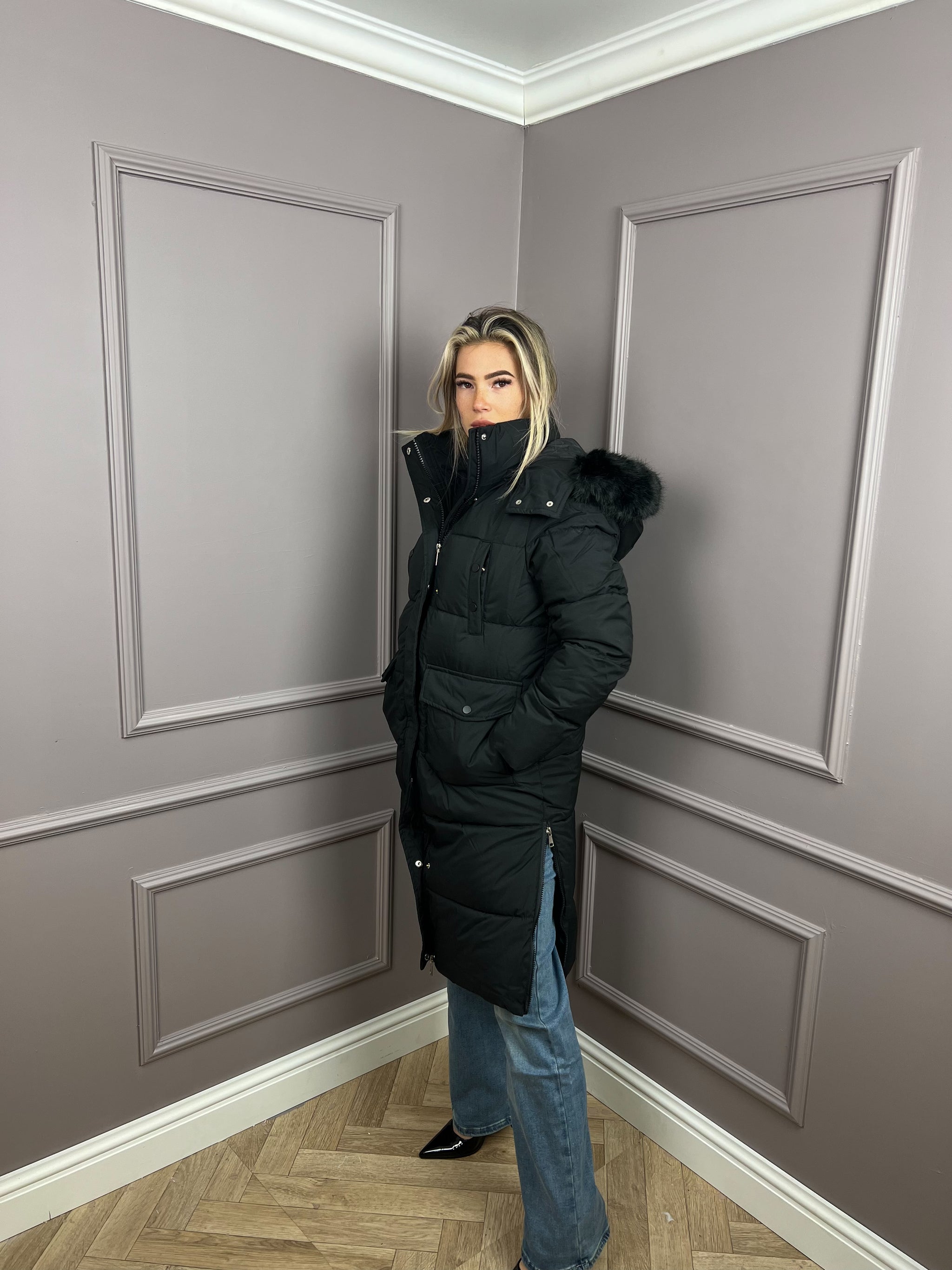 Winterjas met bondkraag Zwart